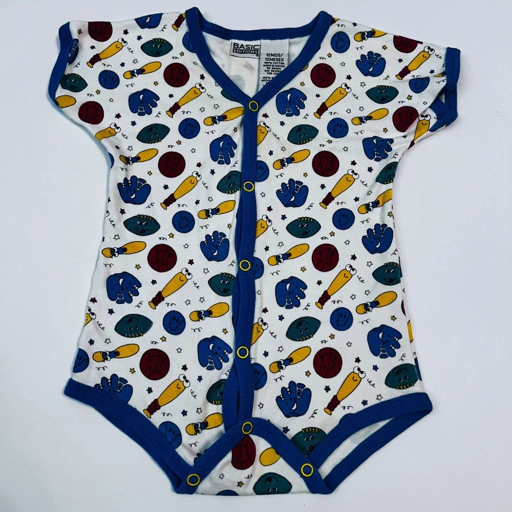 Vintage Basic Editions Sports Bodysuit 12M Cotton Baseball Football‎